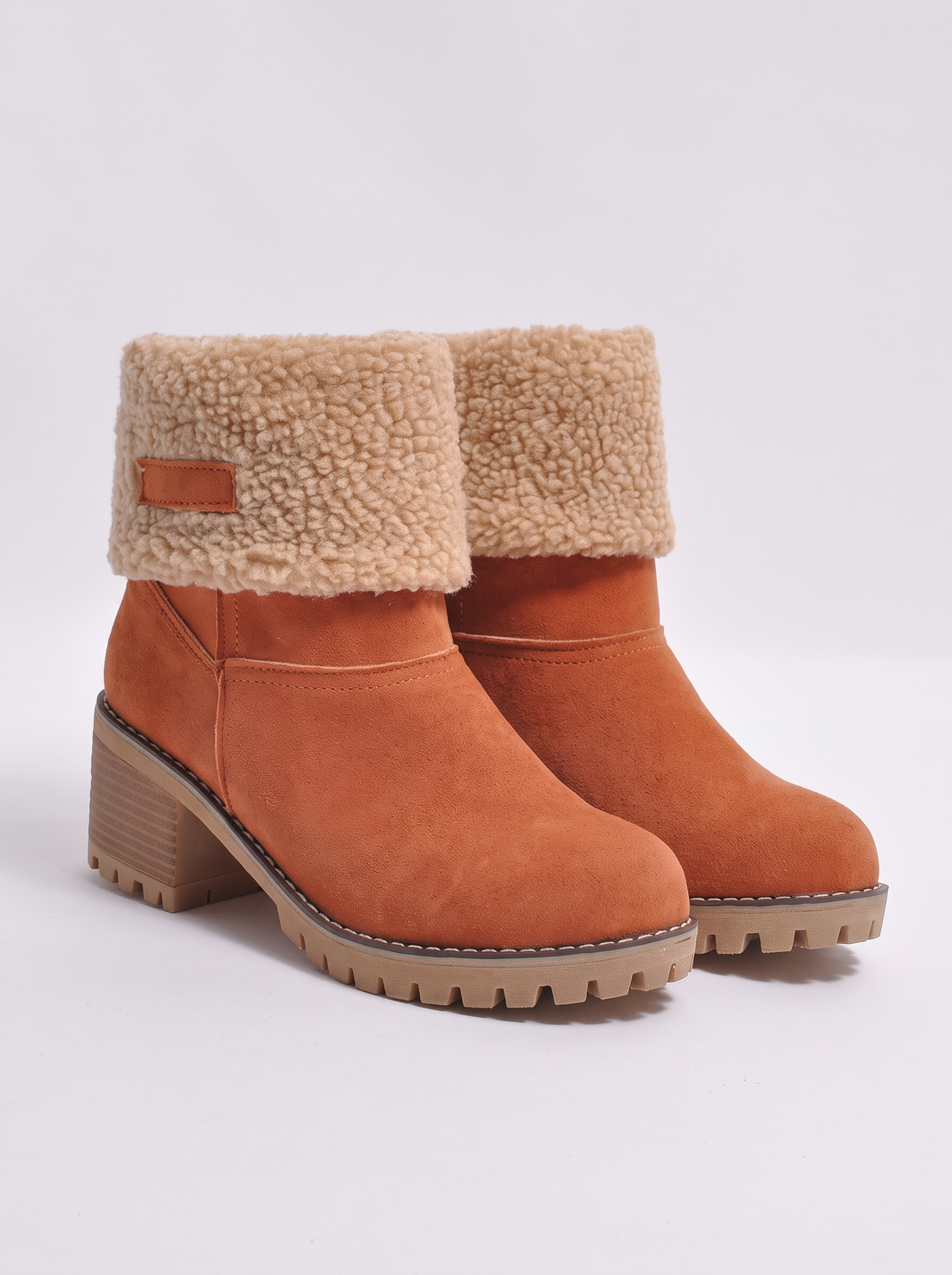 Women's orange suede heat-lined ankle boots with sherpa cuff