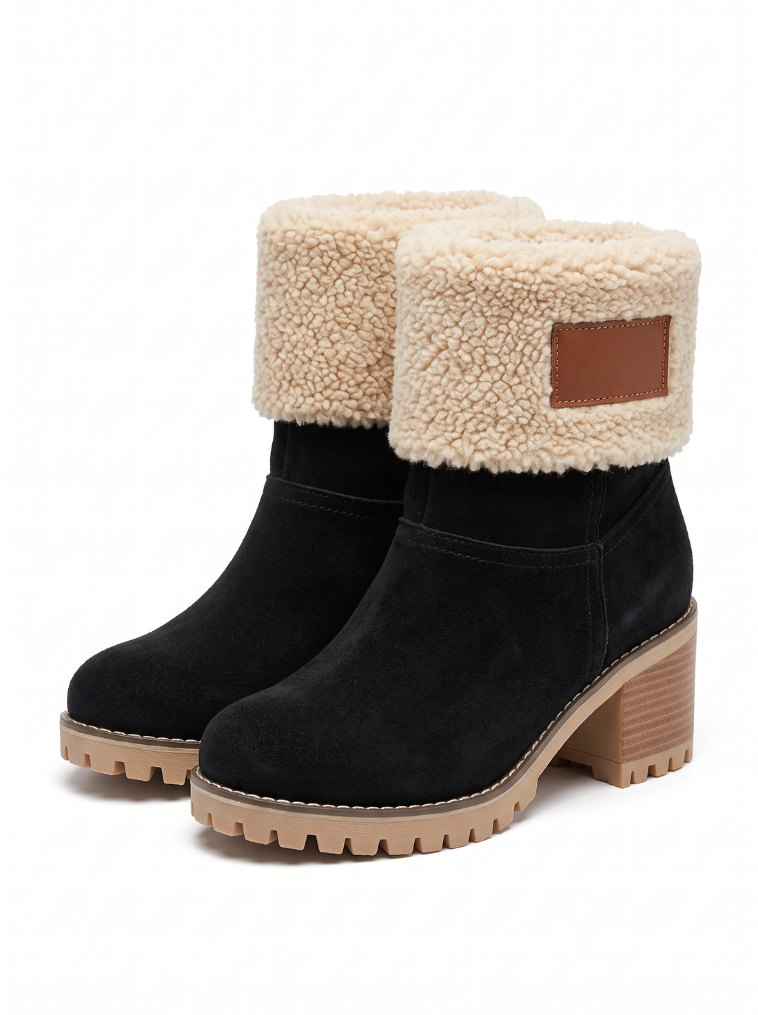 Women's black suede heat-lined ankle boots with sherpa cuff, three-quarter view