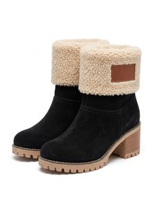 Women's black suede heat-lined ankle boots with sherpa cuff, three-quarter view