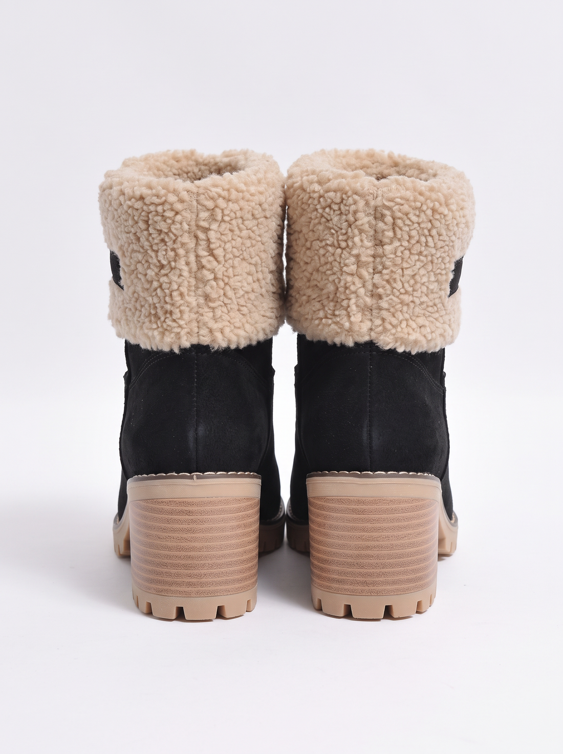 Women's black suede ankle boots with sherpa cuff, back view