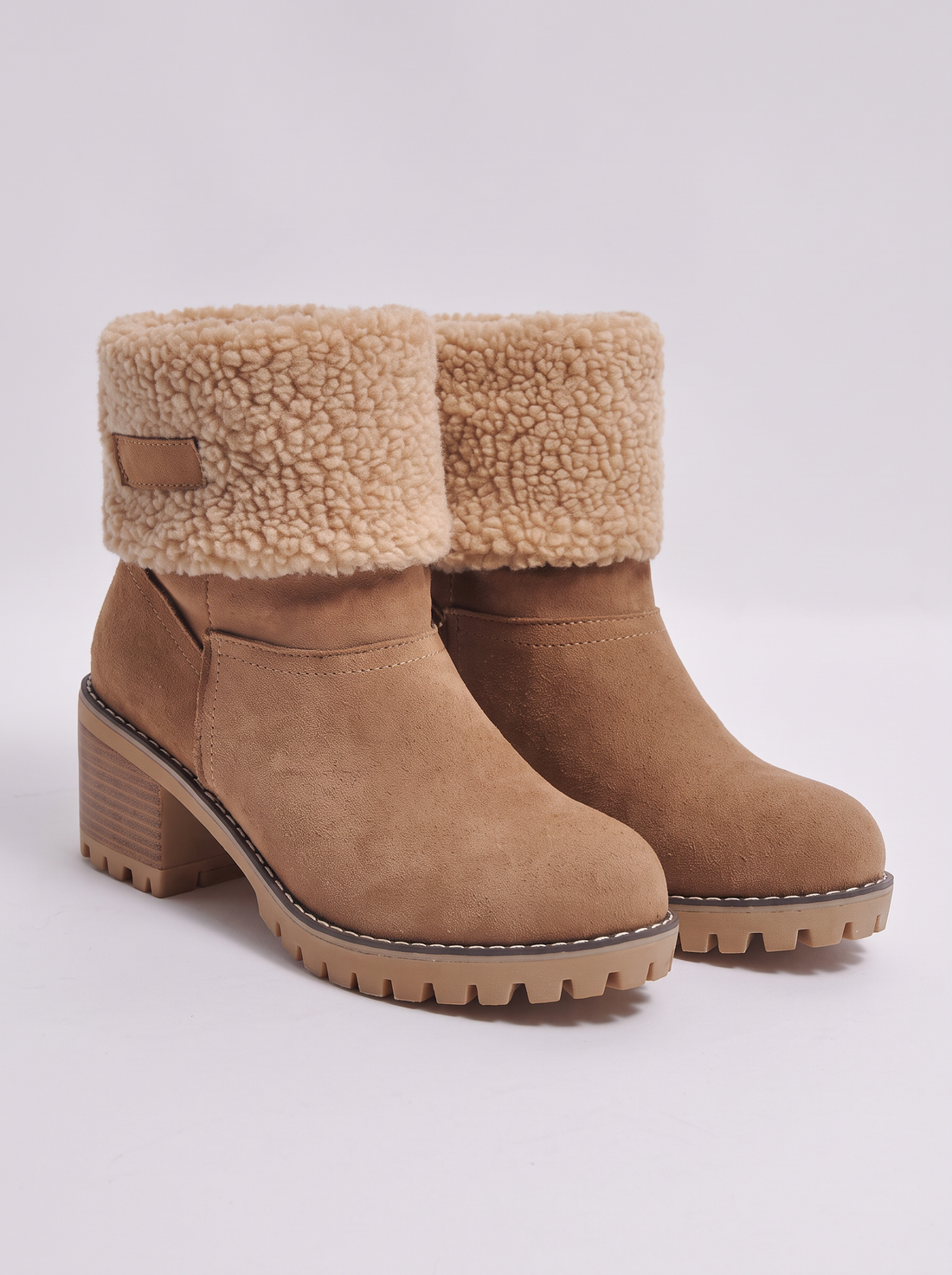Women's brown suede heat-lined ankle boots with sherpa cuff