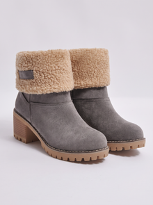 Women's grey suede heat-lined ankle boots with sherpa cuff