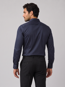 Men's navy slim fit stretch dress shirt, back view