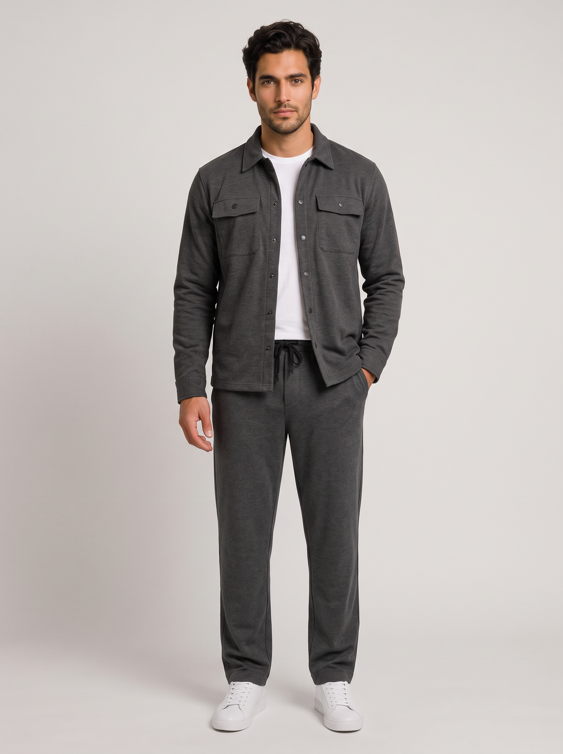 Men's dark grey two-piece overshirt and trousers set