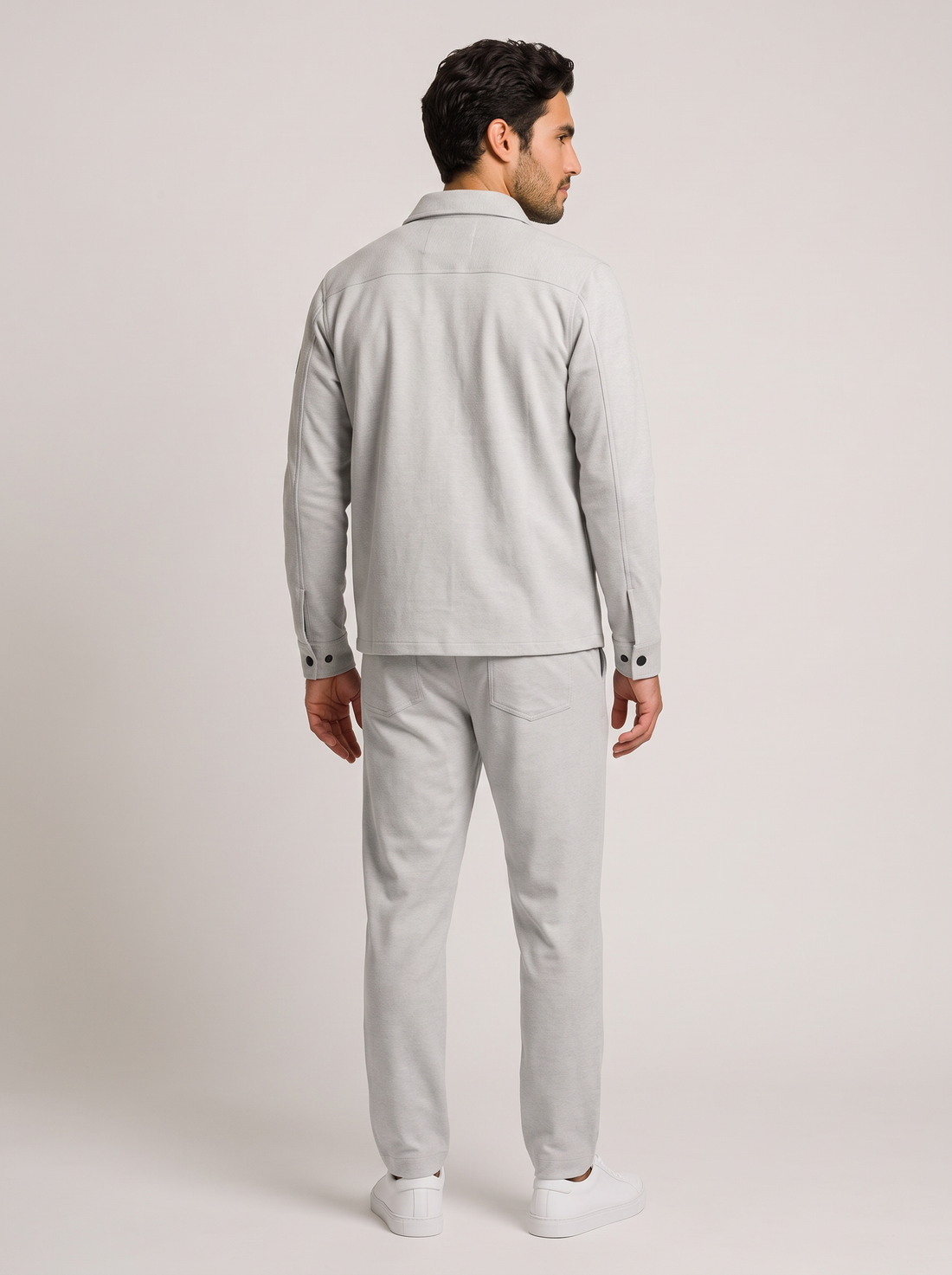 Men's light grey two-piece overshirt and trousers set, front view