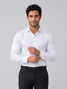 Men's white slim fit satin-look stretch dress shirt