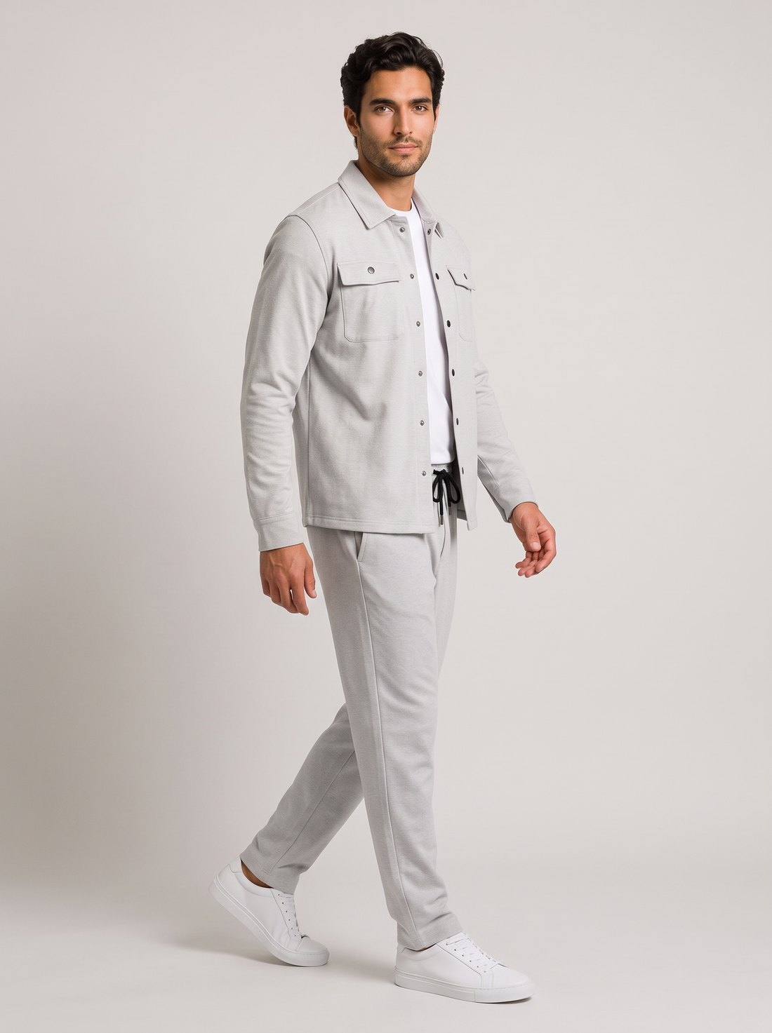 Men's light grey overshirt and trousers set, side view