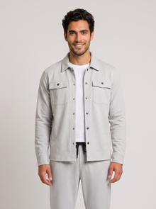 Men's light grey two-piece overshirt and trousers set, front view