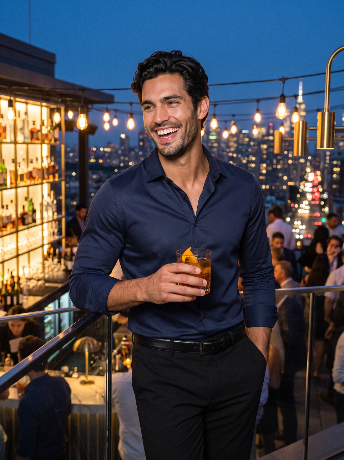Man wearing navy satin-look dress shirt at a rooftop bar