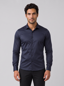 Men's navy slim fit satin-look stretch dress shirt, front view