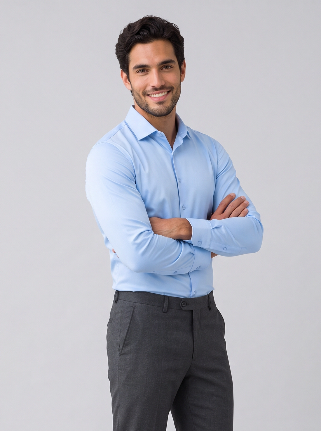 Men's light blue slim fit satin-look stretch dress shirt