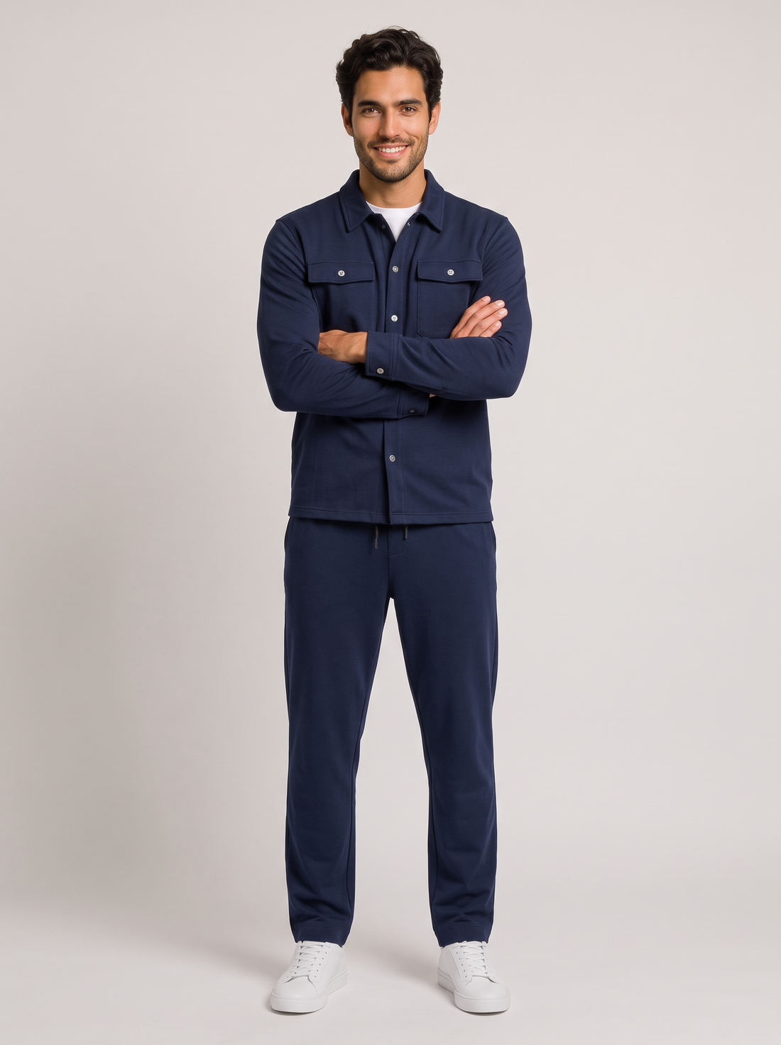 Men's navy two-piece overshirt and trousers set