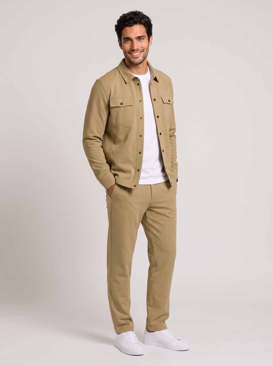 Men's khaki two-piece overshirt and trousers set