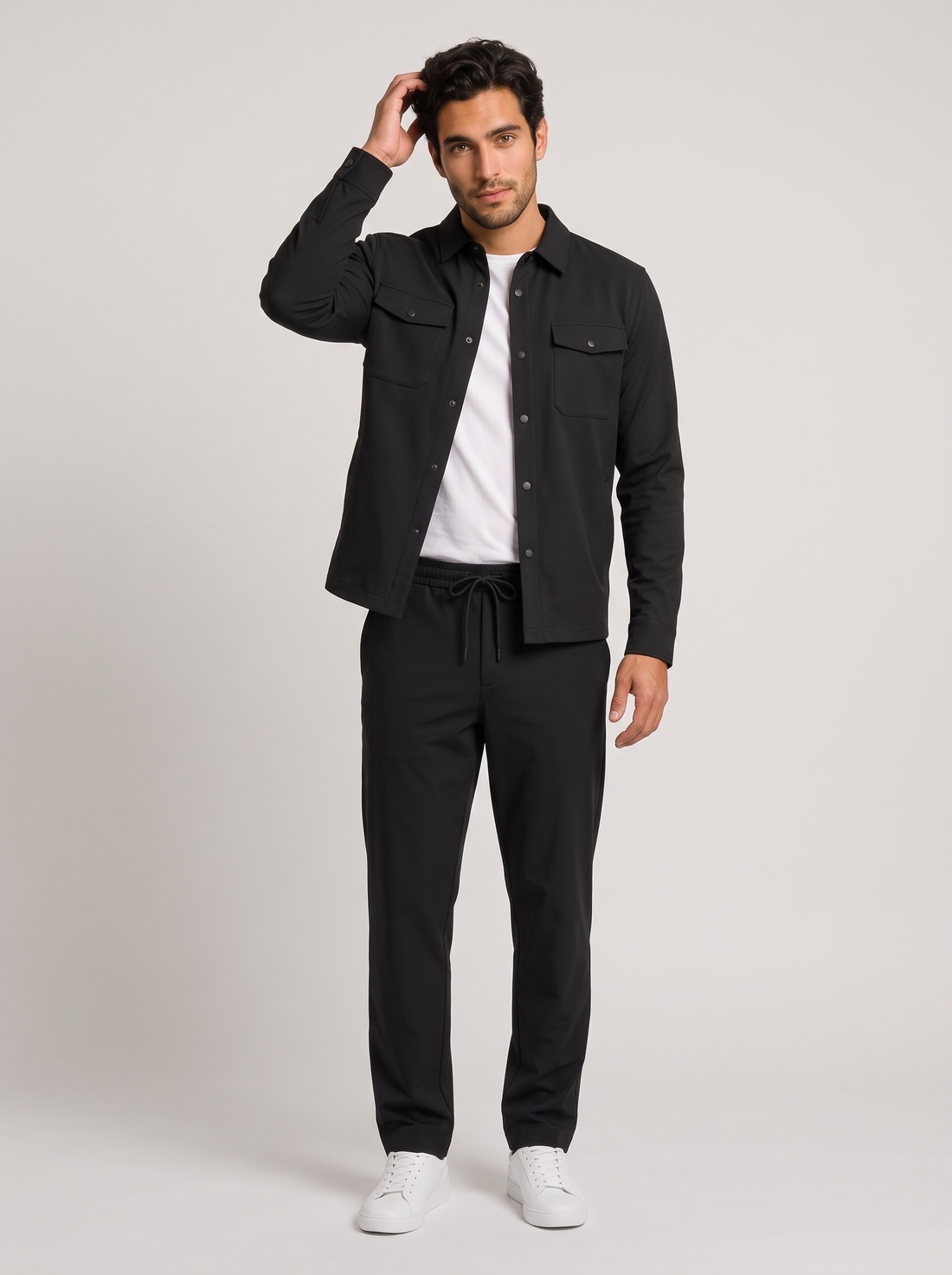 Men's black two-piece overshirt and trousers set