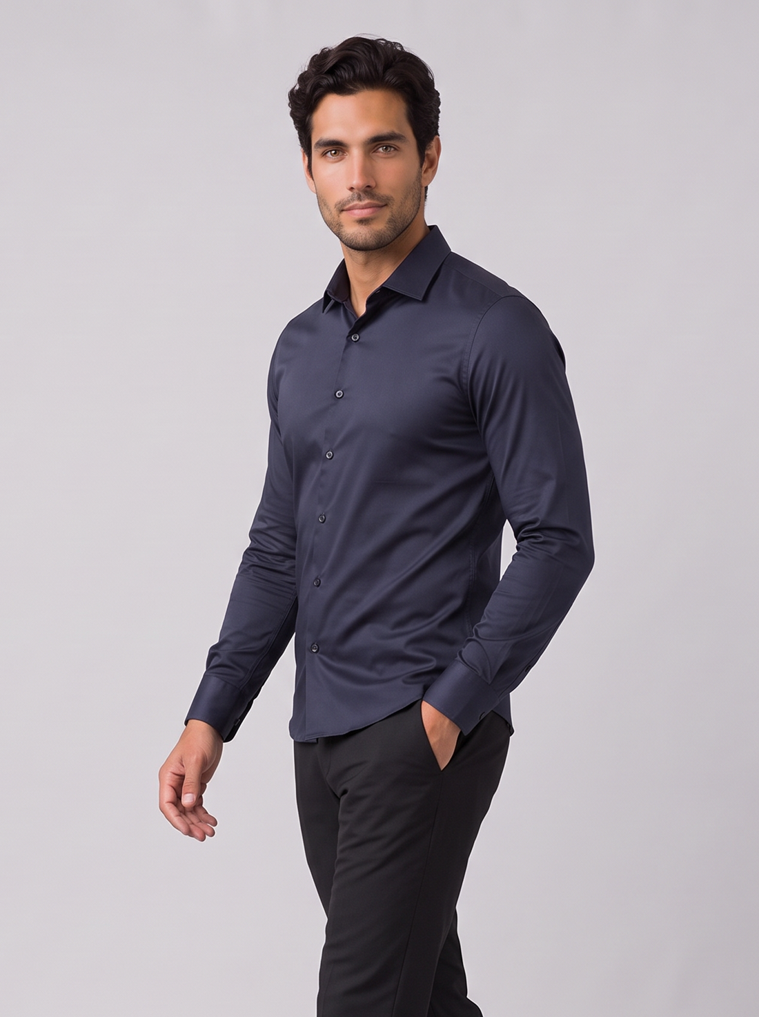 Men's navy slim fit satin-look stretch dress shirt, side view walking
