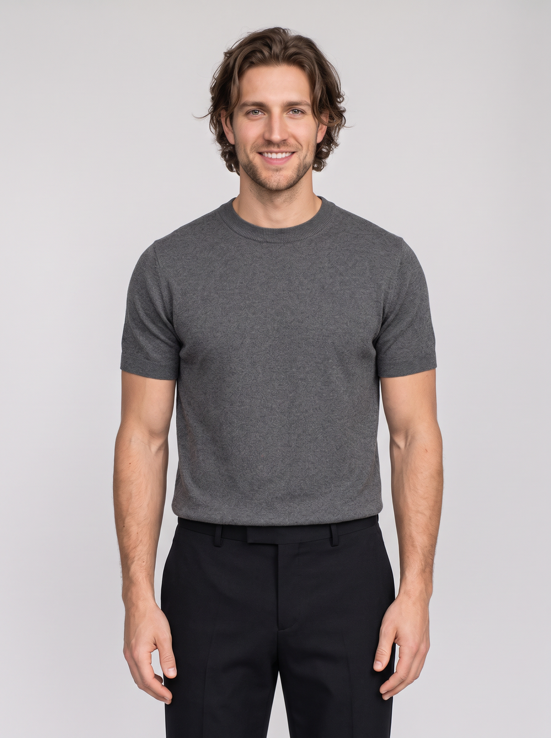 Men's dark grey short sleeve fine knit crew neck t-shirt, front view