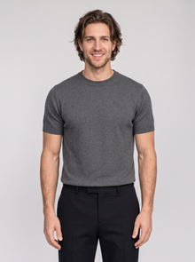 Men's dark grey short sleeve fine knit crew neck t-shirt, front view