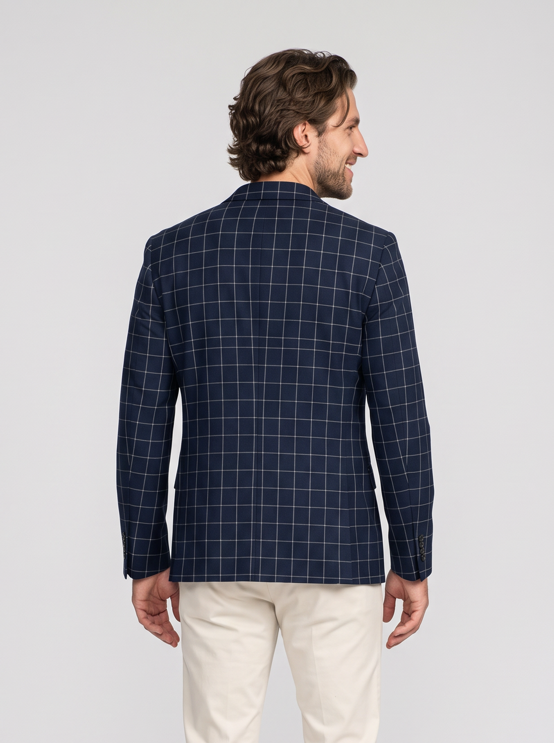 Men's navy windowpane tailored blazer, front view