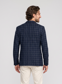 Men's navy windowpane tailored blazer, back view