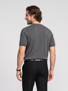 Men's dark grey knit crew neck t-shirt, back view
