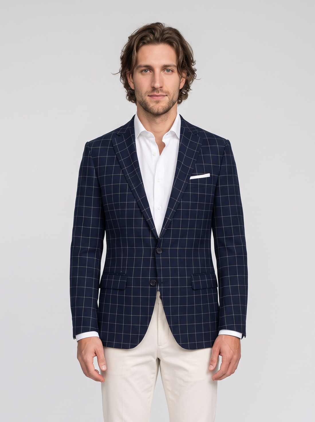 Men's navy windowpane tailored blazer, front view