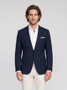 Men's navy windowpane tailored blazer, front view