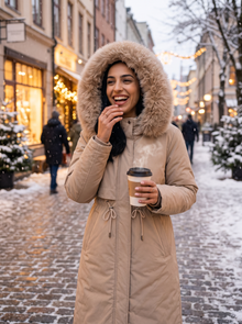 Woman wearing beige hooded winter coat on a snowy city street