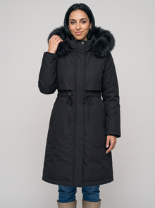 Women's black long hooded winter coat with faux fur trim