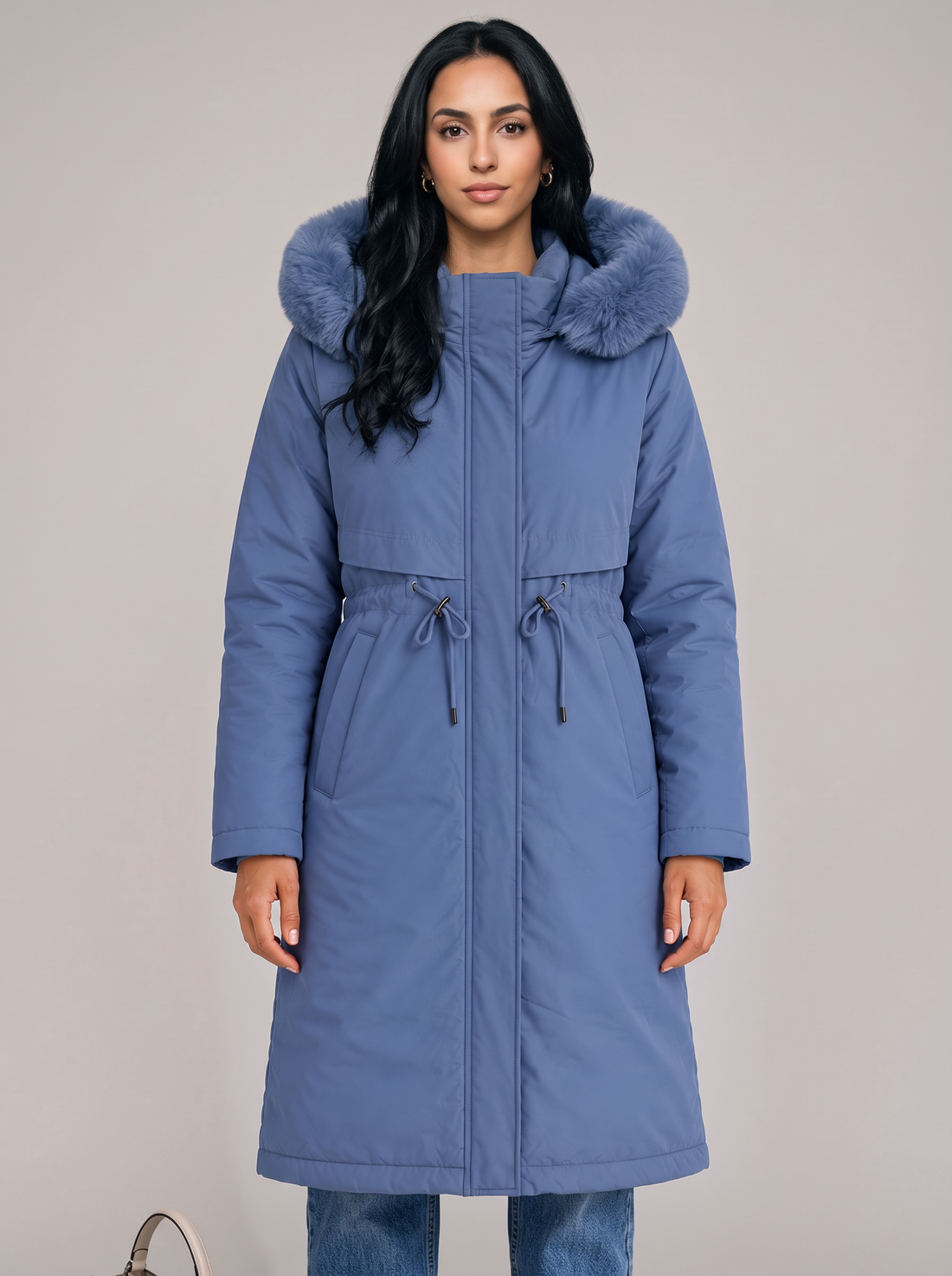 Women's blue long hooded winter coat with faux fur trim