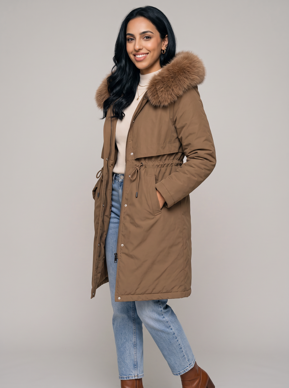 Women's brown long hooded winter coat with faux fur trim
