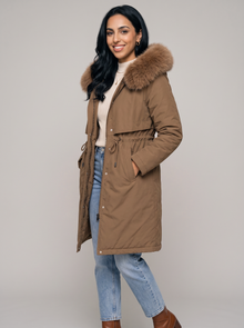 Women's brown long hooded winter coat with faux fur trim