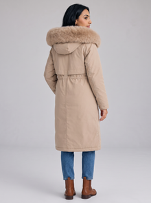 Women's beige long hooded winter coat, back view
