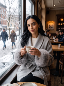 Woman wearing grey wool blend wrap coat in a cosy winter café