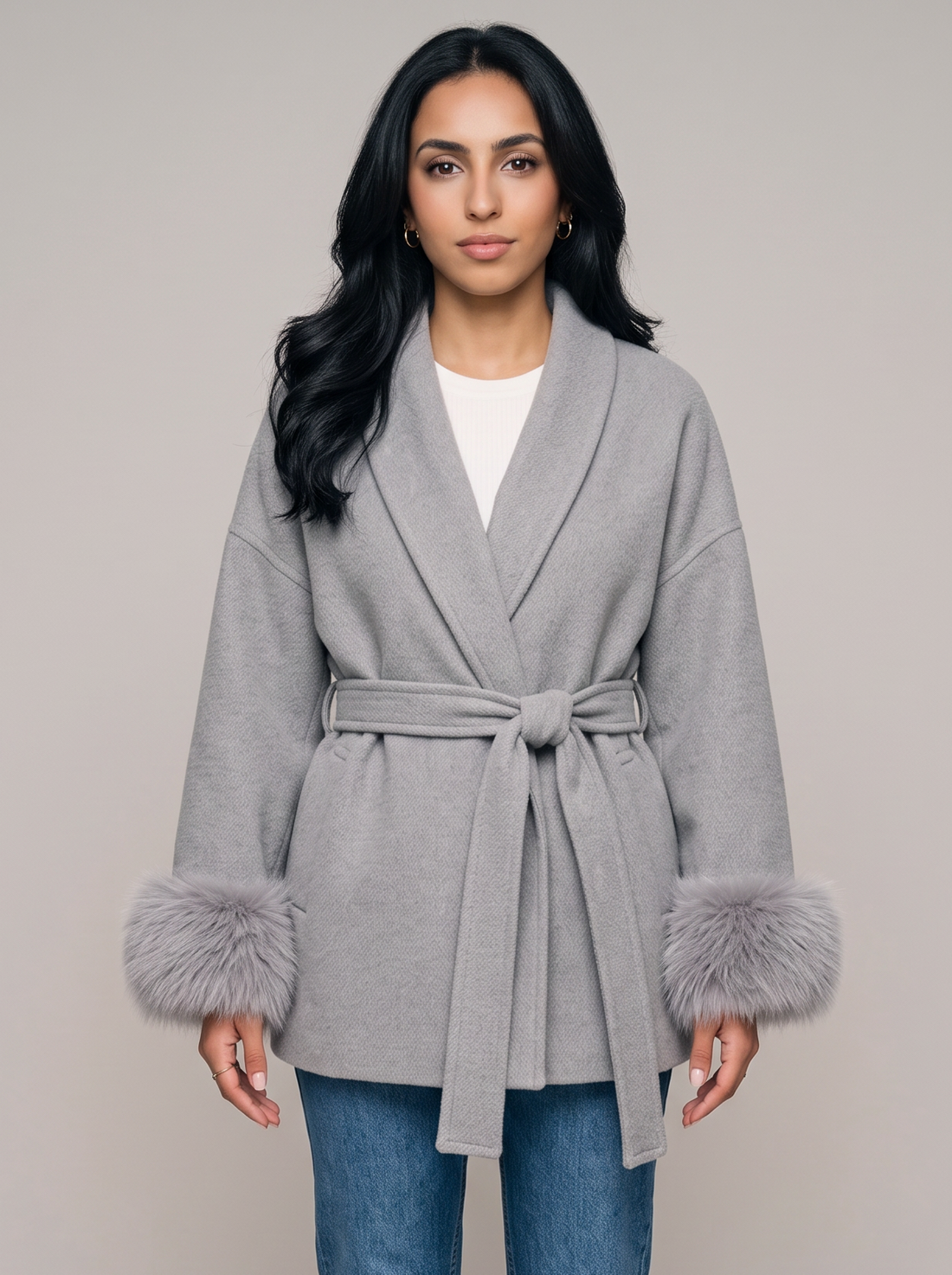 Women's grey belted wool blend wrap coat with faux fur cuffs, front view