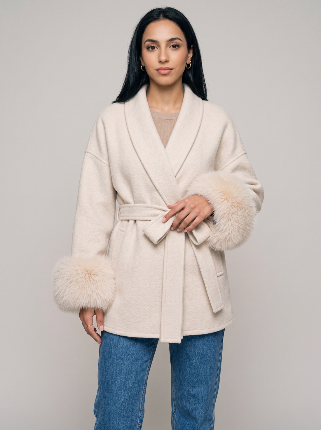 Women's cream belted wool blend wrap coat with faux fur cuffs
