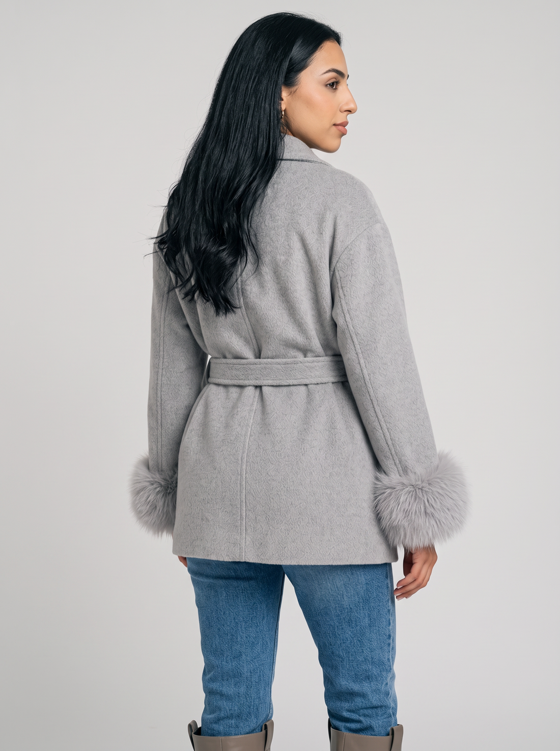 Women's grey belted wool blend wrap coat with faux fur cuffs, front view