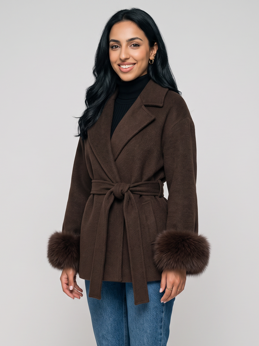 Women's brown belted wool blend wrap coat with faux fur cuffs
