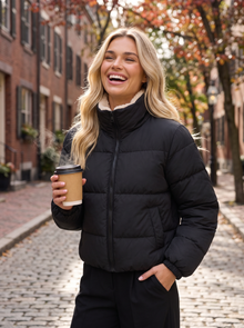 Woman wearing black sherpa collar quilted jacket on a city street