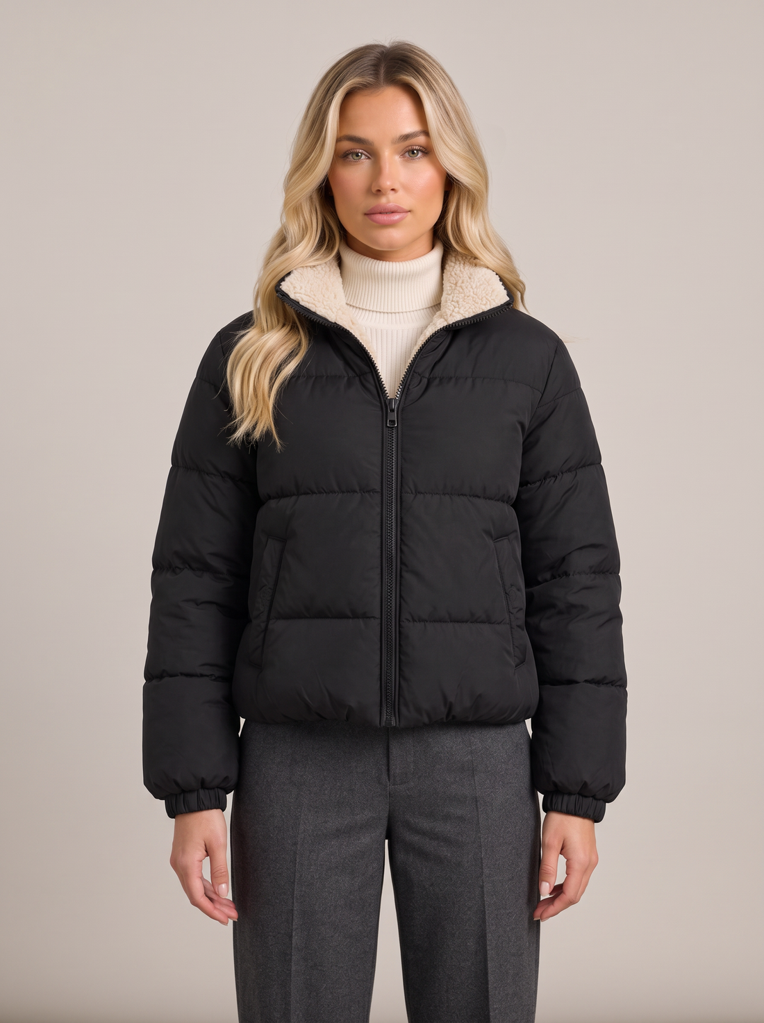 Women's black cropped quilted jacket with sherpa-lined stand collar, front view