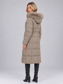 Women's khaki longline quilted puffer coat, back view