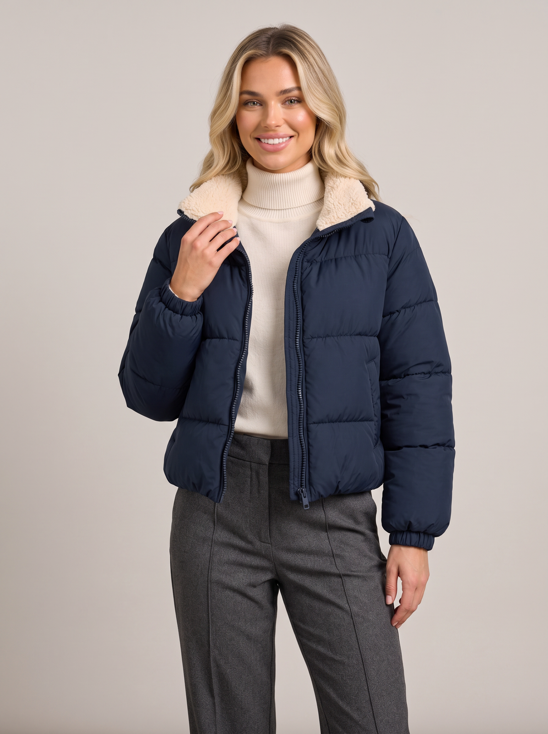 Women's navy cropped quilted jacket with sherpa-lined stand collar