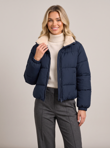 Women's navy cropped quilted jacket with sherpa-lined stand collar