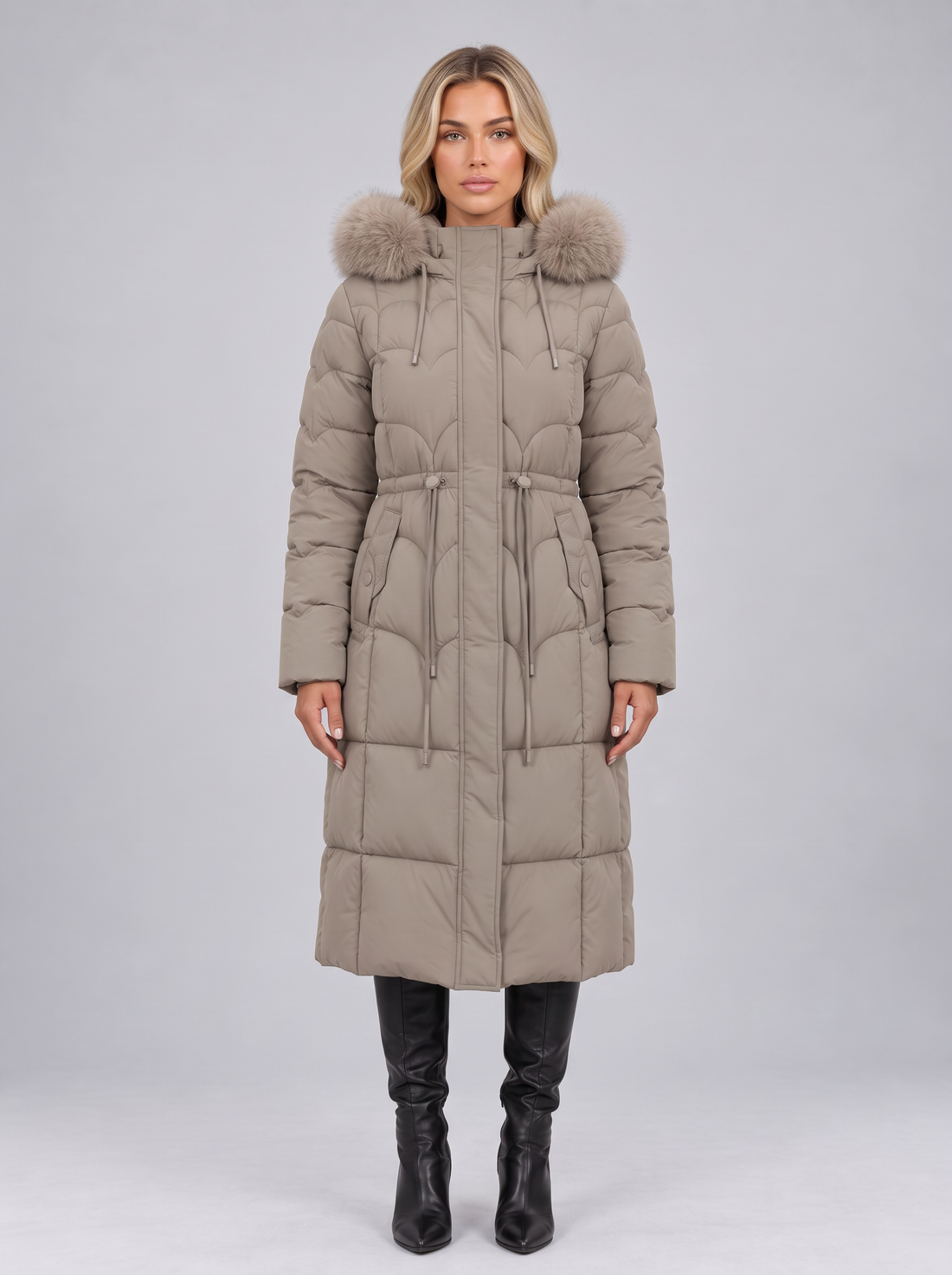 Women's khaki longline quilted puffer coat with faux fur hood, front view