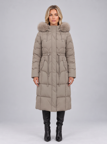 Women's khaki longline quilted puffer coat with faux fur hood, front view