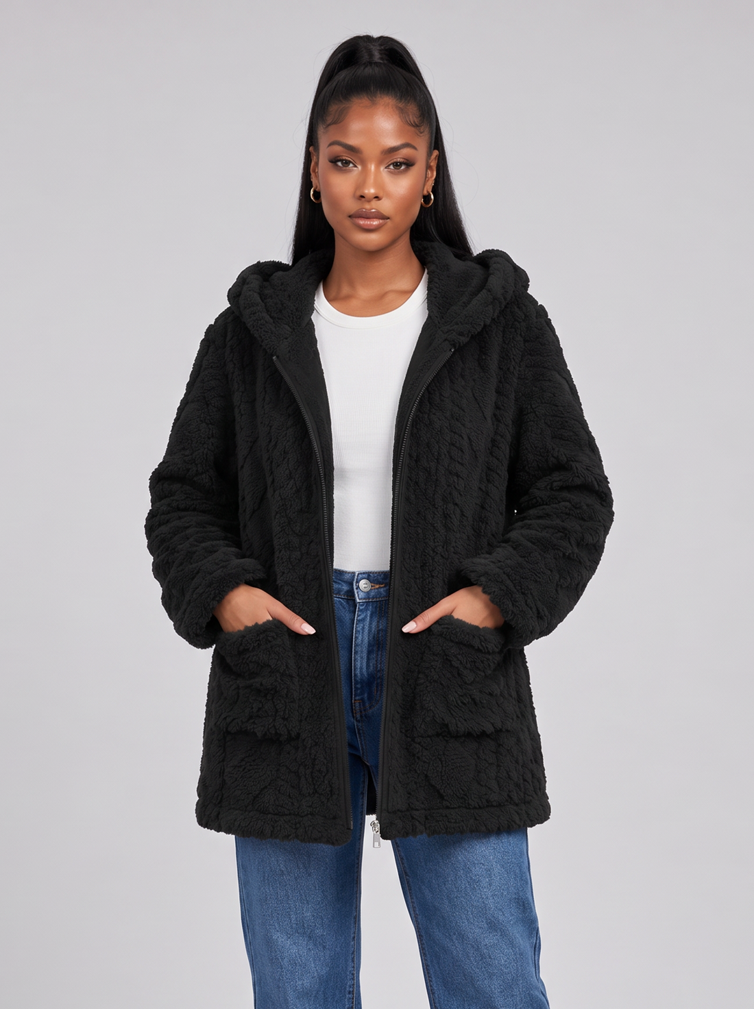 Women's black hooded zip-up teddy fleece jacket, front view