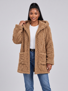 Women's camel brown hooded zip-up teddy fleece jacket
