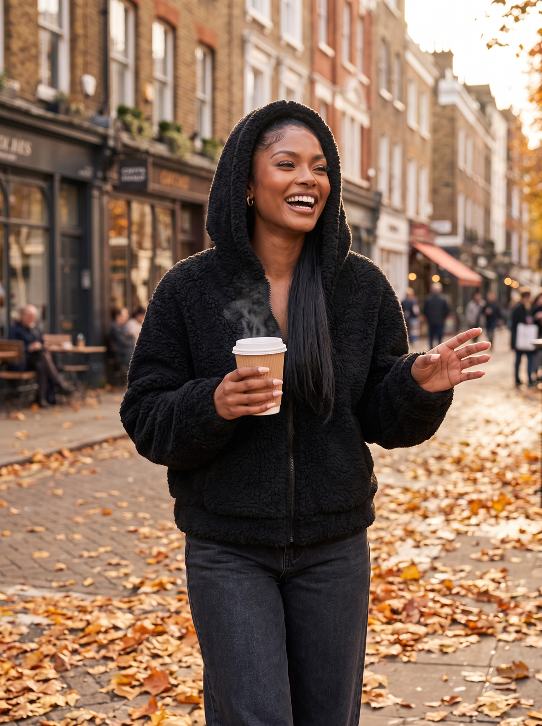 Woman wearing black teddy fleece jacket on an autumn city street