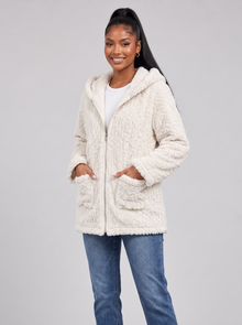 Women's cream white hooded zip-up teddy fleece jacket