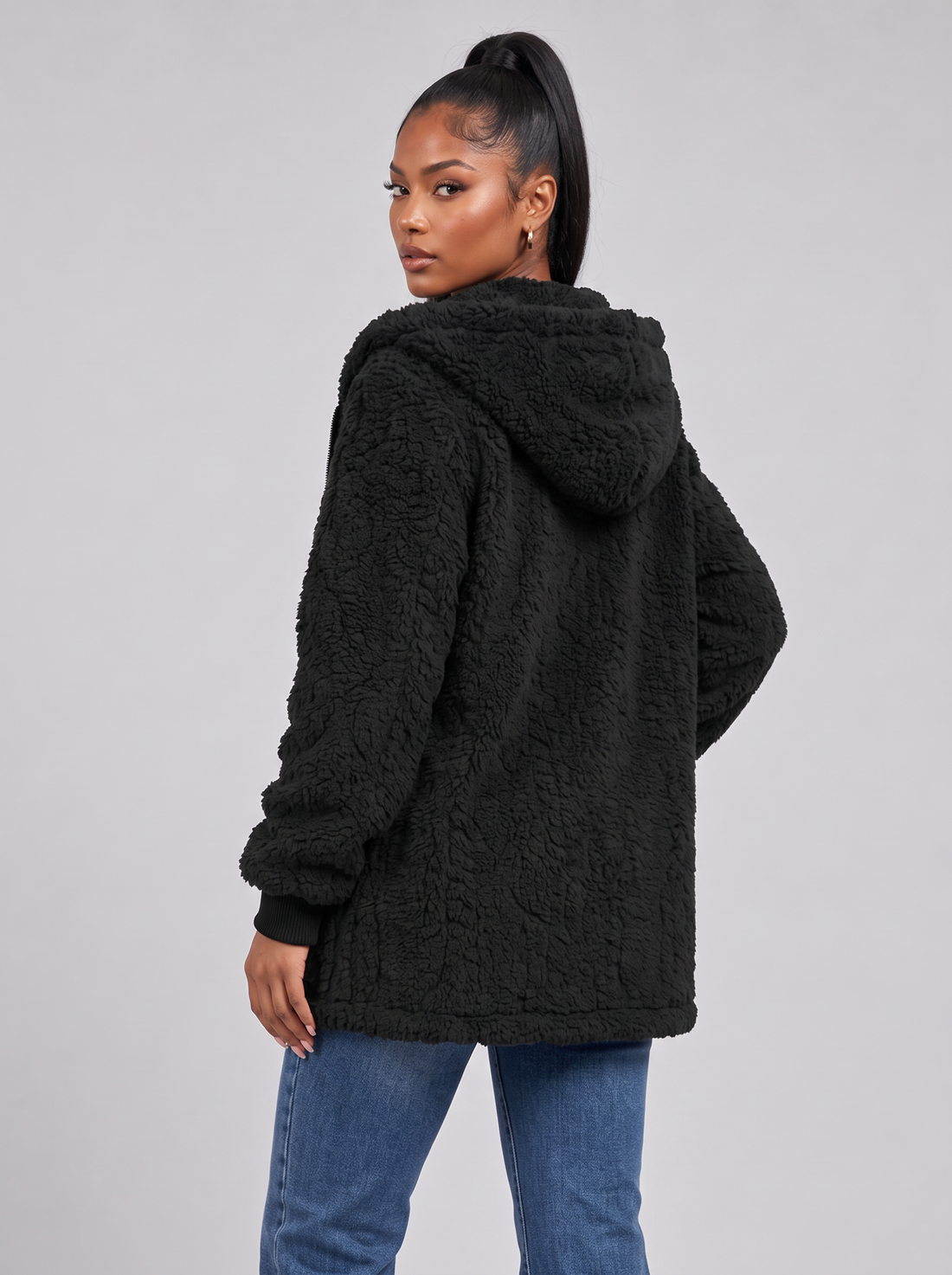 Women's black hooded zip-up teddy fleece jacket, front view