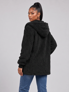 Women's black hooded teddy fleece jacket, back view